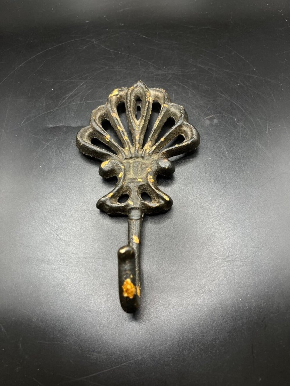 Vintage Cast Iron Decorative Wall Hook Fleur-De-Lis Design Rustic Black Patina